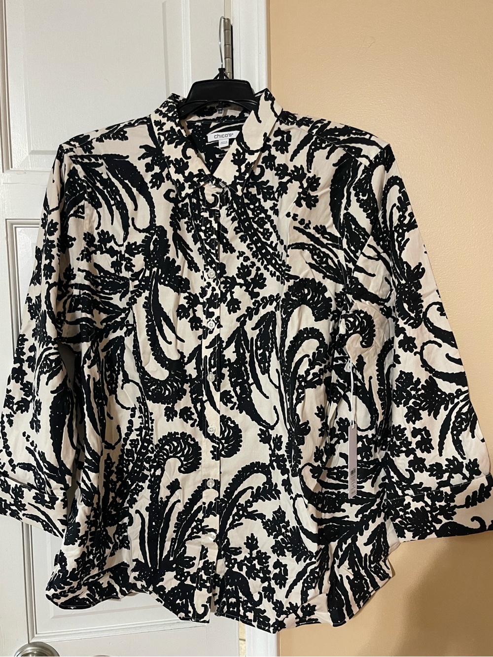 Chico's English Cream & Black Paisley Button-Down Shirt